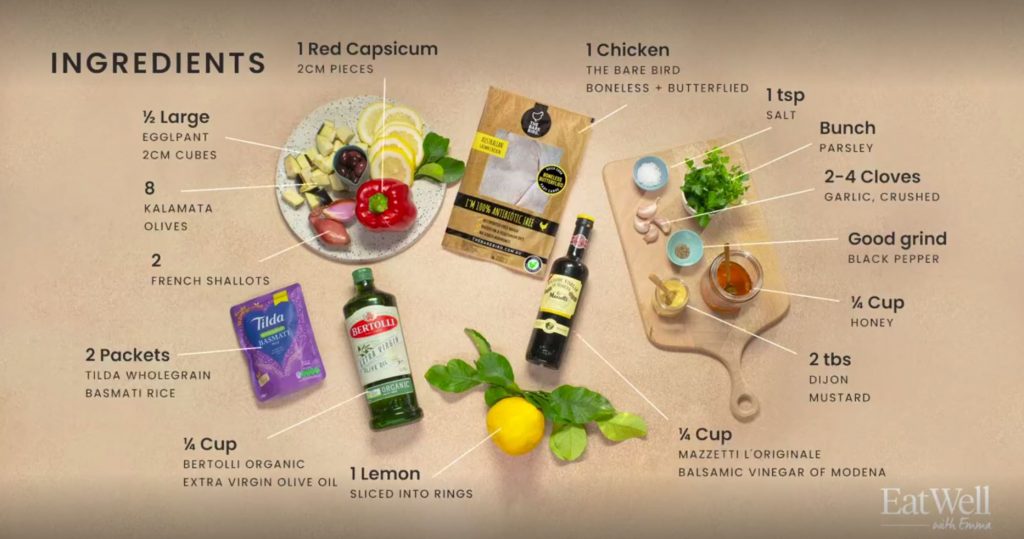 Ingredients to make Balsamic Baked Butterflied Chicken, with Wholegrain Rice